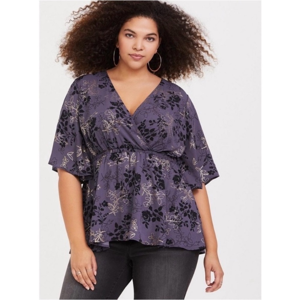 Torrid Lily Babydoll Georgette Surplice Purple Black and Gold Blouse Womens 2X